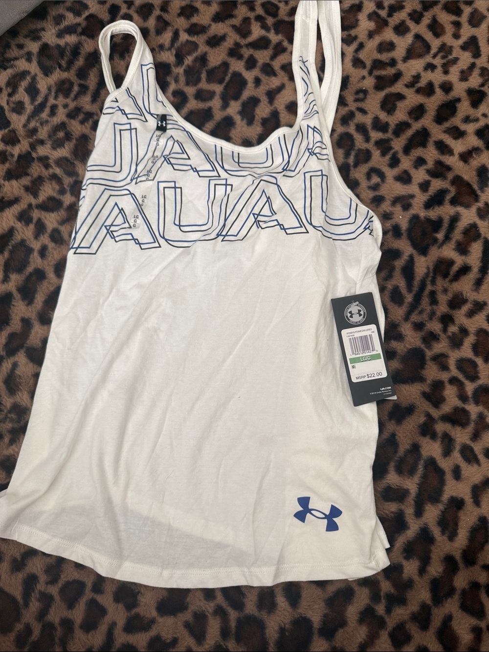 Under Armour White Tank with Blue Logo and Chest Lettering